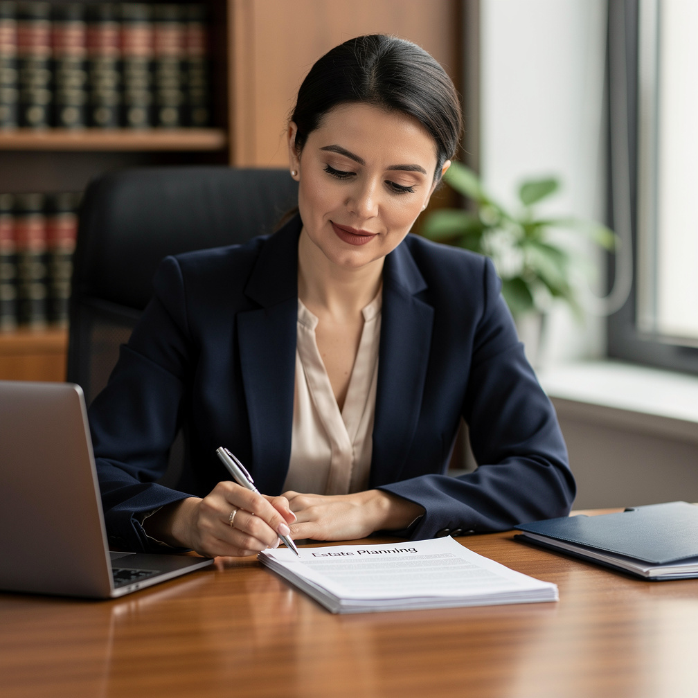Turkish woman legal advisor reviewing estate documents at her desk