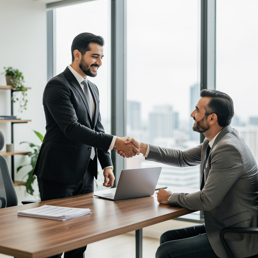 Turkish male legal advisor shaking hands with a client in an office