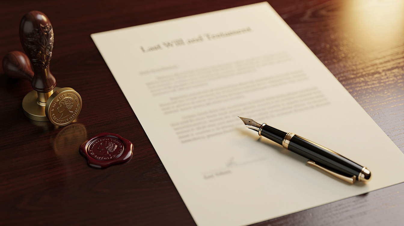 Close-up of a legal will document with pen and seal stamp on a wooden desk