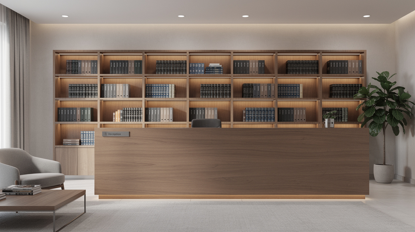 Modern law office reception area with wooden furniture